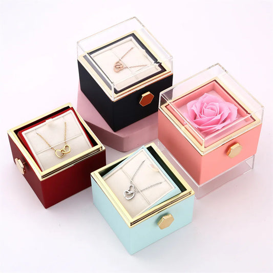 Rose Box with Engraved Necklace and Real Rose